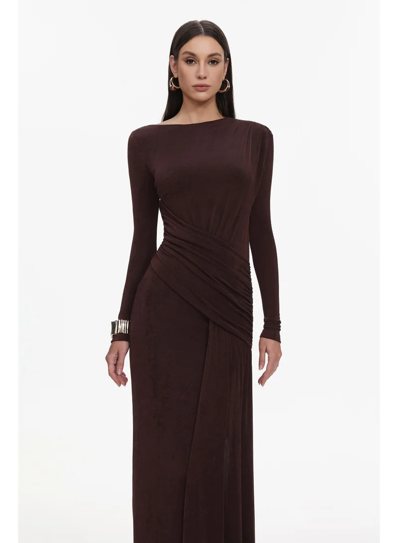 Bella Barnett  Skyler Elegant Contour Long Sleeve Ruched High Slit Knit Brown Maxi Dress for Women | Best Price UAE